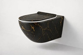 Vas WC suspendat negru cu finisaj marmorat auriu, capac duroplast soft-close
