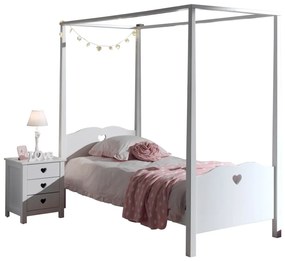 Set Pat cu Baldachin și Noptieră AMORI, 2 Piese, 90x200 cm, Alb (Pin Masiv și MDF) – Vipack