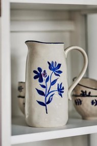Carafa din ceramică artizanală natur cu motive florale albastre pictate manual, 11×20,5 cm, "Eimy"