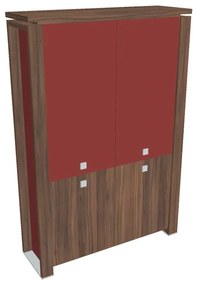 Dulap înalt Verno+ S 140 x 46 x 210 cm, uși combinate, nuc / roșu