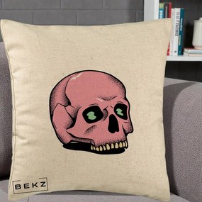 Perna Decorativa Craniu Roz Tatoo Art Halloween, 40x40 cm, Bej, Husa Detasabila, Perna Inclusa, BEKZ®