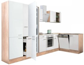 Mobilă de bucătărie de colț Yorki 370, corp din stejar sonoma, față alb satinat, element cuptor inferior, dulap cu rafturi, frigider congelator inferior