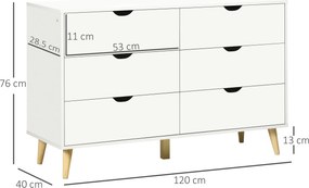HOMCOM Comodă cu 6 Sertare și Mânere, Comodă din Lemn de Pin și Melamină, 120x40x76 cm, Alb