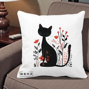 Perna Decorativa Pisica Neagra Flori Rosii Folk Minimal, 40x40 cm, Alba Mata, Husa Detasabila, Perna Inclusa, BEKZ®