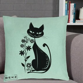 Perna Decorativa Pisica Neagra Grafica Minimalista, 40x40 cm, Verde Menta, Husa Detasabila, Perna Inclusa, BEKZ®