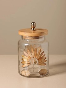 Borcan din sticla, cu capac din lemn de mango, design petale presate, H14cm, Aster