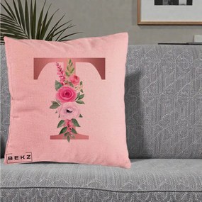 Cadou Personalizat - Perna Personalizata Monograma Rose Gold Litera T, 40x40 cm, Roz, Husa Detasabila, Perna Inclusa, BEKZ®