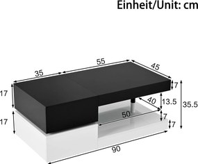 Masă de cafea cu iluminare ambientală LED, poliță din sticlă &amp; finisaj lucios, 90x45x35,5 cm, Negru+Alb