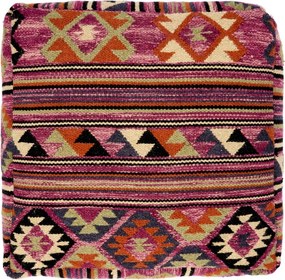 Pouf din iută țesut manual cu model kilim vibrant, 60×60×H20 cm, „Indra"