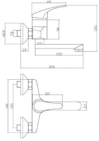 Baterie lavoar, Ferro, Basic, cu montaj pe perete, 20 cm, crom