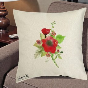 Perna Decorativa Buchet Rosu Acuarela, 40x40 cm, Ecru, Husa Detasabila, Perna Inclusa, BEKZ®