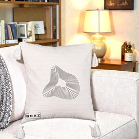 Perna Decorativa Abstract Linii Organice, 40x40 cm, Bej cu Franjuri, Husa Detasabila, Perna Inclusa, BEKZ®
