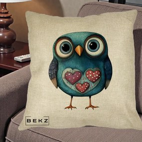Perna Decorativa Bufnita Teal cu Doua Inimi, 40x40 cm, Crem, Husa Detasabila, Perna Inclusa, BEKZ®