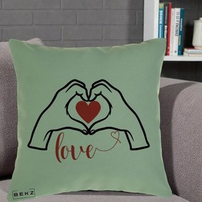 Perna Decorativa Love Maini Inima cu Inscriptie Love Rosu, 40x40 cm, Verde, Husa Detasabila, Perna Inclusa, BEKZ®