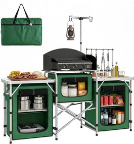 Outsunny Mobilier de Bucătărie pentru Camping Pliabil cu 3 Blaturi, 4 Cârlige, Stâlp de Lumină și Husă de Transport 172x48x119 cm Verde | Aosom Romania