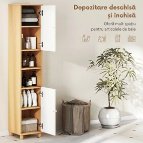 HOMCOM Dulap de Baie înalt cu Uși, 2 Rafturi Deschise, 2 Dulapuri, Dulap de Baie Economisitor de Spațiu cu Rafturi Reglabile pentru Sala de Mese Sufragerie, 30x30x166 cm, Alb și Lemn | Aosom Romania