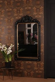 Oglindă de perete din lemn și piele ecologică, negru, cu ramă sculptată, colțuri rotunjite și ornament baroc cu volute, 158 x 90 x 4 cm, „Duchesse”