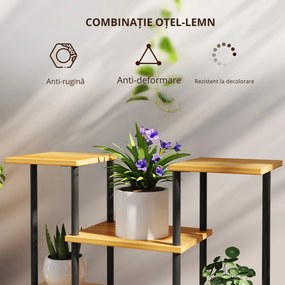 Outsunny Suport plante interior etajeră plantă cu 6 nivele cadru din oțel bază lemn masiv 80 x 24 x 61,5 cm lemn natural | Aosom Romania