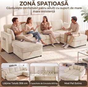 HOMCOM Canapea Modulară în U cu 4 Locuri, 2 Pufuri cu Depozitare, Catifea Reiată, 306x153x85 cm, Crem | Aosom Romania