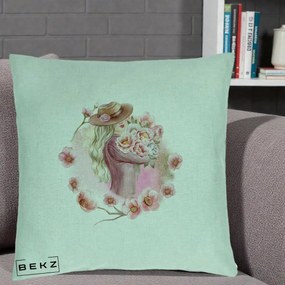 Perna Decorativa Femeie cu Flori Roz Acuarela, 40x40 cm, Verde Menta, Husa Detasabila, Perna Inclusa, BEKZ®