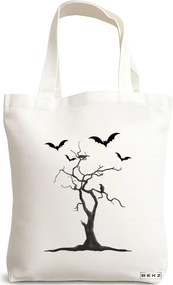 Sacosa de Panza pentru Cumparaturi, Geanta Tote, model The Haunted Tree, 38x34.5 cm, Alba, BEKZ®