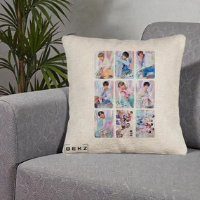 Perna Personalizata K-pop BTS Colaj 9 Fotografii Autografe Individual, 40x40 cm, Bej Canapea, Husa Detasabila, Perna Inclusa, BEKZ®