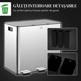 HOMCOM Pubelă de reciclare 45L cu 3 compartimente și închidere silențioasă, din oțel inoxidabil și PP, 61.9x36.6x43.2 cm, argintiu | Aosom Romania