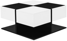 Masă de cafea cu 2 sertare, masă pătrată de living cu spațiu de depozitare, 70x70x35,5 cm, Negru+Alb