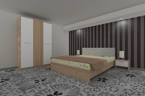Dormitor Luiza 3U4PTA, culoare sonoma / alb, cu pat tapiterie alba 140 x 200, dulap cu 3 usi 123 cm si 2 noptiere