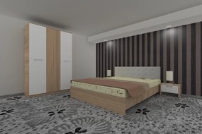Dormitor Luiza 3U4PTA, culoare sonoma / alb, cu pat tapiterie alba 160 x 200, dulap cu 3 usi 123 cm si 2 noptiere