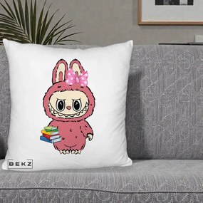 Perna Personalizata Labubu Roz cu Funda si Carti, 40x40 cm, Alb Pufos, Husa Detasabila, Perna Inclusa, BEKZ®