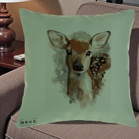 Perna Decorativa Caprioara Pui Acuarela, 40x40 cm, Verde, Husa Detasabila, Perna Inclusa, BEKZ®