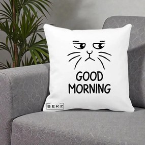 Perna Decorativa Pisica Morocanoasa Good Morning, 40x40 cm, Alba Mata, Husa Detasabila, Perna Inclusa, BEKZ®