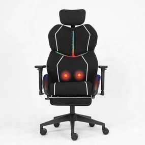 LUMINA X-Motion Pro –Scaun Gaming & Office Premium cu LED RGB, Masaj Lombar, Translație Șezut și Suport pentru Picioare – Confort Inteligent și Design Spectaculos, Textil, Negru/Alb