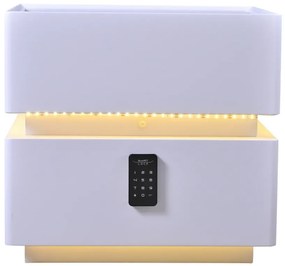 Noptieră inteligentă multifuncțională, sertar tip seif cu parolă, încărcare Wireless, difuzor Bluetooth, iluminare LED touch în 3 culori, Alb