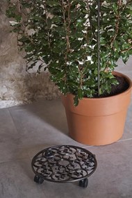 Suport vintage din fontă pentru ghivece, cu roți pivotante, Rhodonea, D31,5 cm