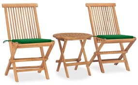 Set mobilier exterior pliabil cu perne, 3 piese, lemn masiv tec Verde, 3