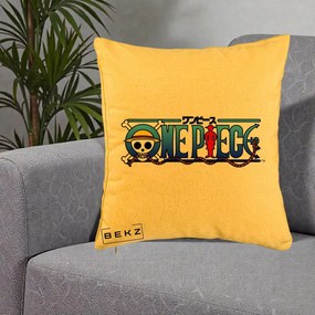 Perna Personalizata One Piece Clasic Albastru, 40x40 cm, Galben, Husa Detasabila, Perna Inclusa, BEKZ®