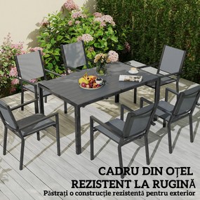 Outsunny Set Masă de Grădină cu Scaune, 7 Piese, Set de Prânz cu Masă cu Blat din Lemn Compozit cu Șipci și 6 Scaune de Exterior Stivuibile, Mobilier din Oțel cu Texteline, Gri și Negru | Aosom Romania
