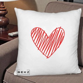 Perna Decorativa Inima Rosie Desen Manual, 40x40 cm, Alb Pufos, Husa Detasabila, Perna Inclusa, BEKZ®
