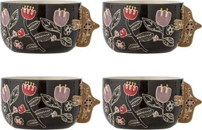 Set 4 boluri din ceramică artizanală, multicolor, pictate manual cu motive florale, cu toarte sculptate în formă de pasăre, 13x8 cm, „Vivielle"