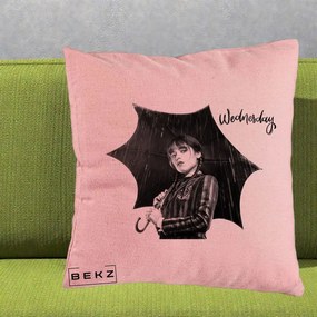 Perna Personalizata Wednesday Addams cu Umbrela Foto, 40x40 cm, Roz, Husa Detasabila, Perna Inclusa, BEKZ®