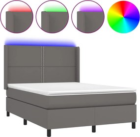 vidaXL Pat cu arcuri, cu saltea & LED, gri, 140x190 cm, piele eco