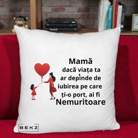 Cadou pentru Mama - Perna Personalizata Mama Nemuritoare cu Bebelus Kawaii, 40x40 cm, Alb Pufos, Husa Detasabila, Perna Inclusa, BEKZ®