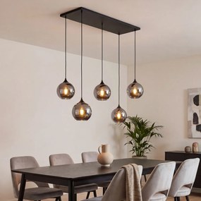 Lampă suspendată Art Deco neagră cu sticlă fumurie cu 5 lumini - Wallace