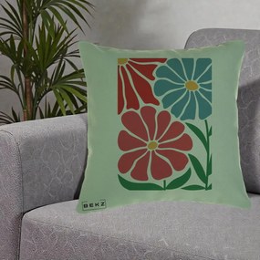Perna Decorativa Flori Grafice Rosu-Albastru, 40x40 cm, Verde, Husa Detasabila, Perna Inclusa, BEKZ®