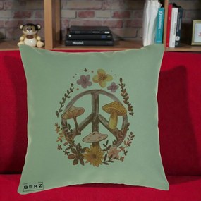 Perna Decorativa Peace Sign Ciuperci Floral, 40x40 cm, Verde, Husa Detasabila, Perna Inclusa, BEKZ®