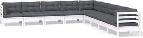 vidaXL Set mobilier de grădină cu perne, 9 piese, alb, lemn masiv pin