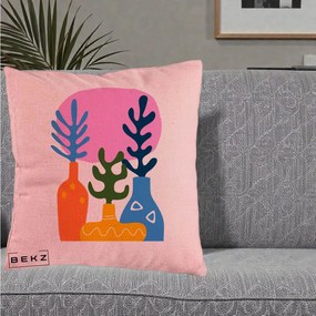 Perna Decorativa Vaze Botanice Abstract, 40x40 cm, Roz, Husa Detasabila, Perna Inclusa, BEKZ®