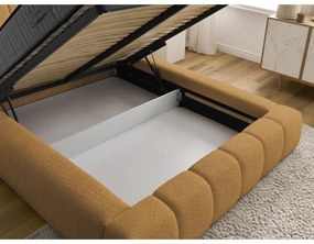 Pat matrimonial galben muștar tapițat cu spațiu de depozitare cu somieră 160x200 cm Denali – Bobochic Paris
